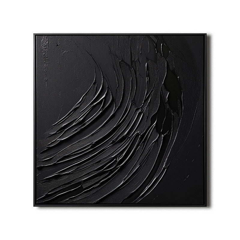 3D Textured Black Abstract Wall Art - Minimalist Thick Paint Square Decor with Dark Frame