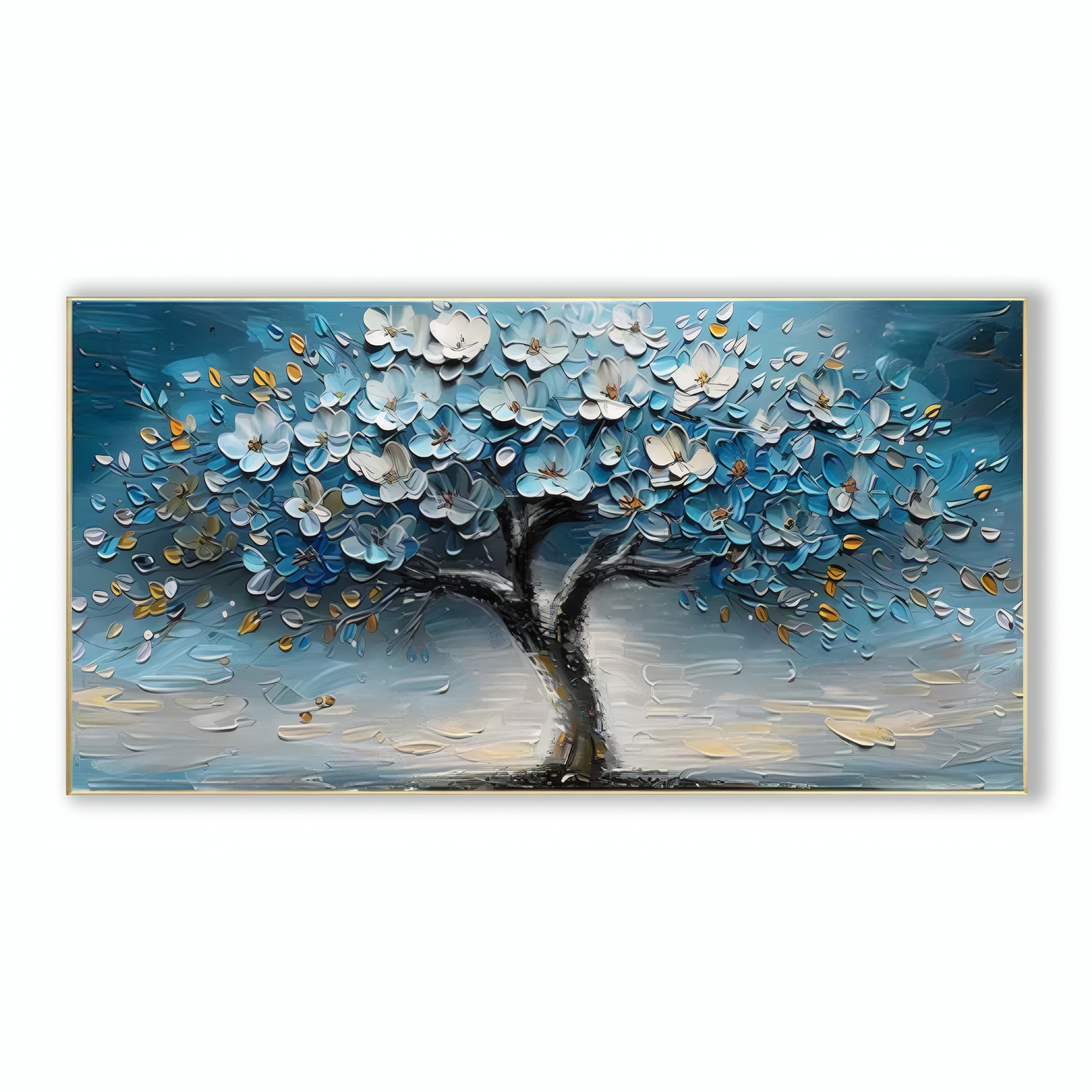 3D Textured Blue Gold Tree Wall Art - Modern Framed Home Decor