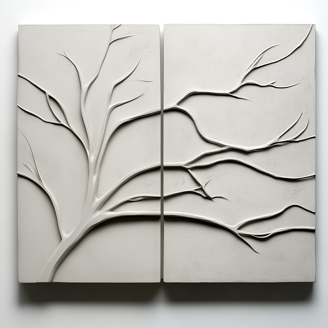 3D Textured Branch Diptych Wall Art - Wabi-Sabi Neutral Relief Decor for Minimalist Home