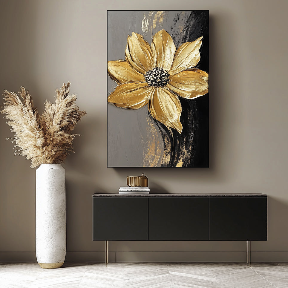 3D Textured Gold Floral Oil Painting for Modern Wall Decor