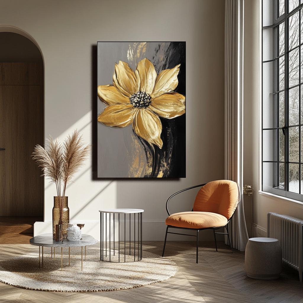 3D Textured Gold Floral Oil Painting for Modern Wall Decor