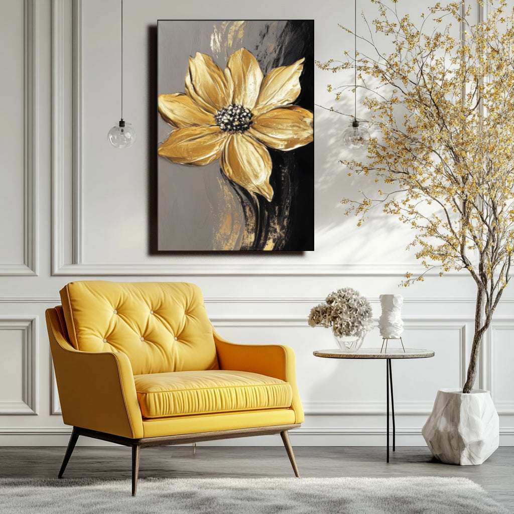 3D Textured Gold Floral Oil Painting for Modern Wall Decor