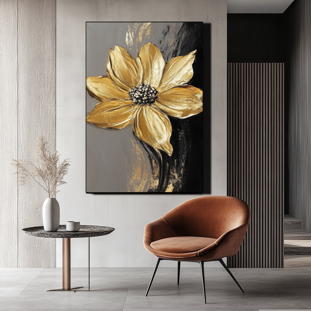 3D Textured Gold Floral Oil Painting for Modern Wall Decor