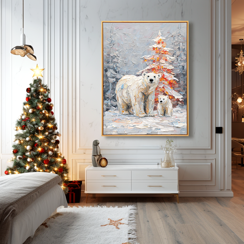 Arctic Glow – Polar Bear Family Textured Christmas Oil Painting