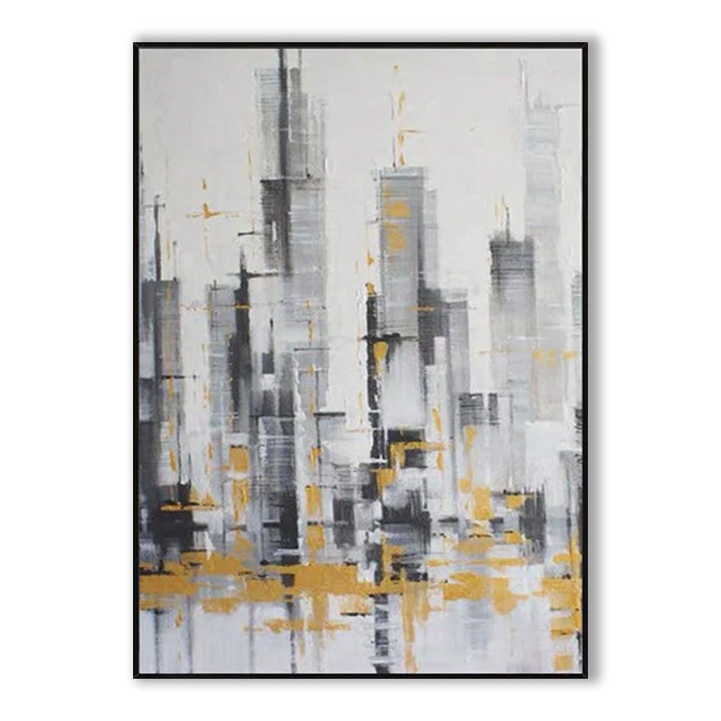 Abstract City Skyline Oil Painting with Gold Accents - Modern Black White Gray Urban Wall Art