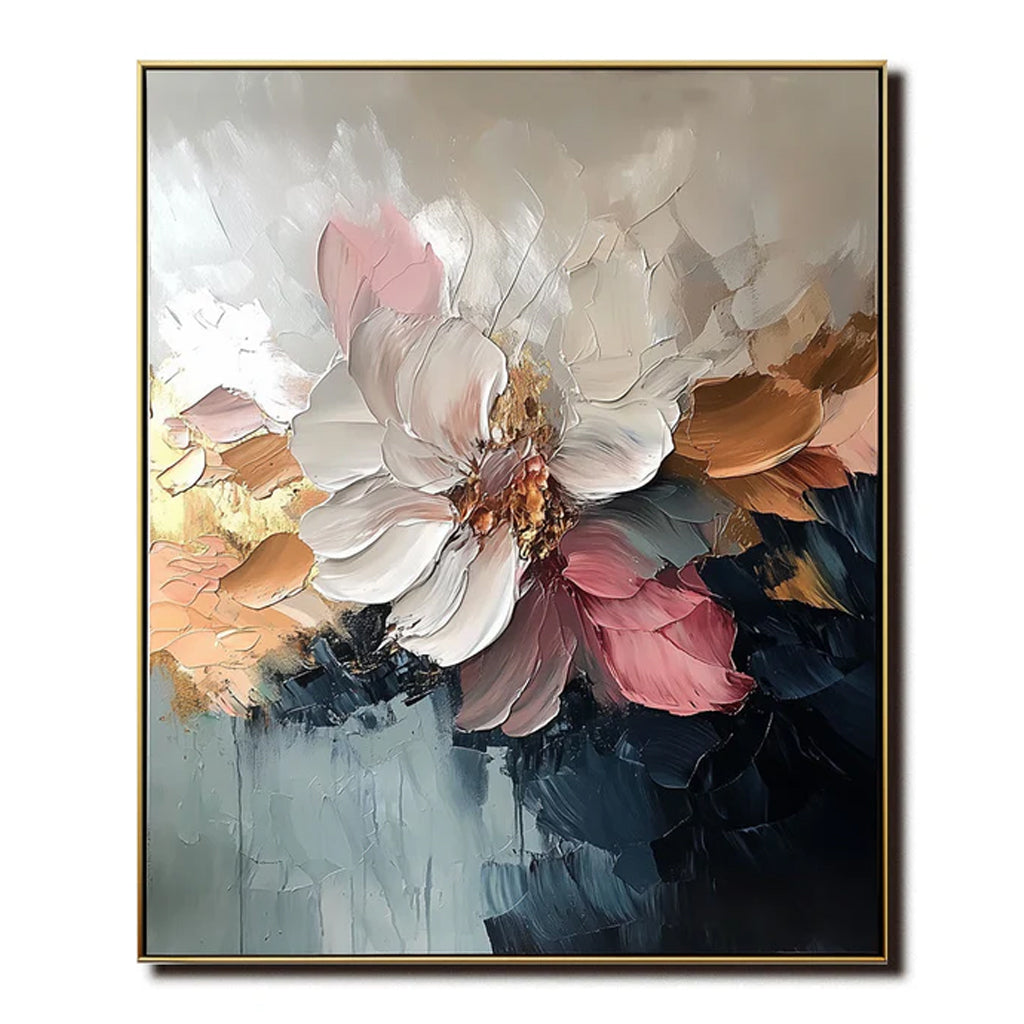 Abstract Floral Oil Painting - Textured Blooming Flower Wall Art for Home Decor