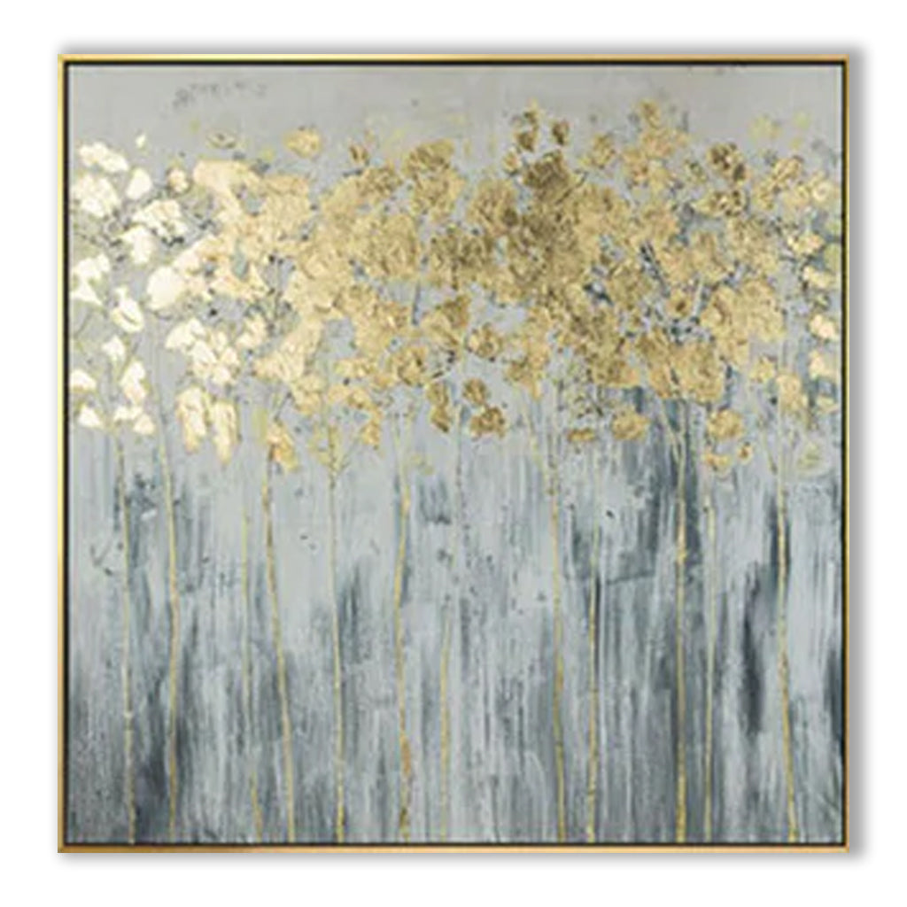 Abstract Golden Floral Wall Decor - Gray-Toned Contemporary Art for Living Room