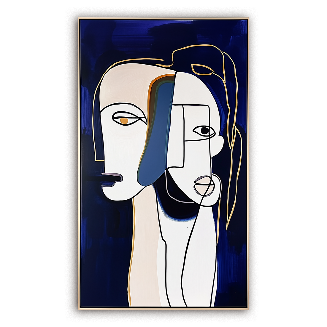 Abstract Minimalist Face Line Art Painting with Navy Blue Background - Modern Decorative Wall Art