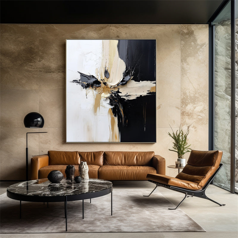 Abstract Painting with Black, White and Beige