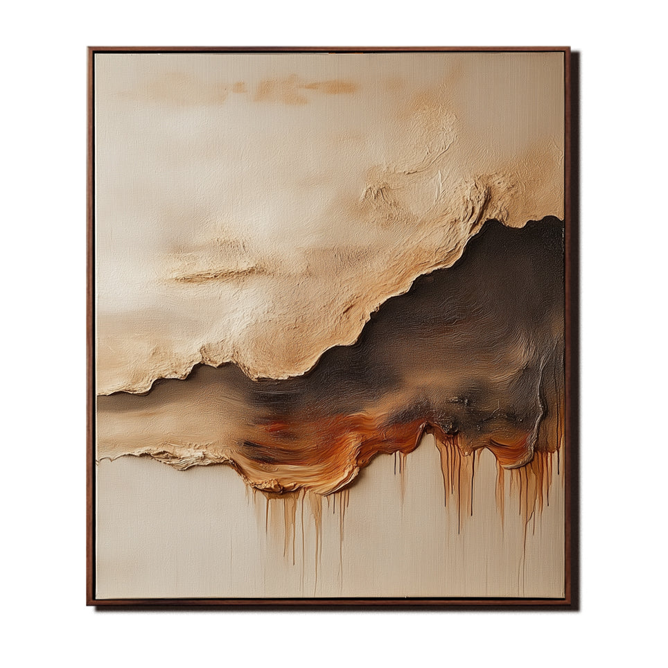 Abstract Textured Oil Painting - Earth Tones with Dripping Effect Wall Art for Home Decoration