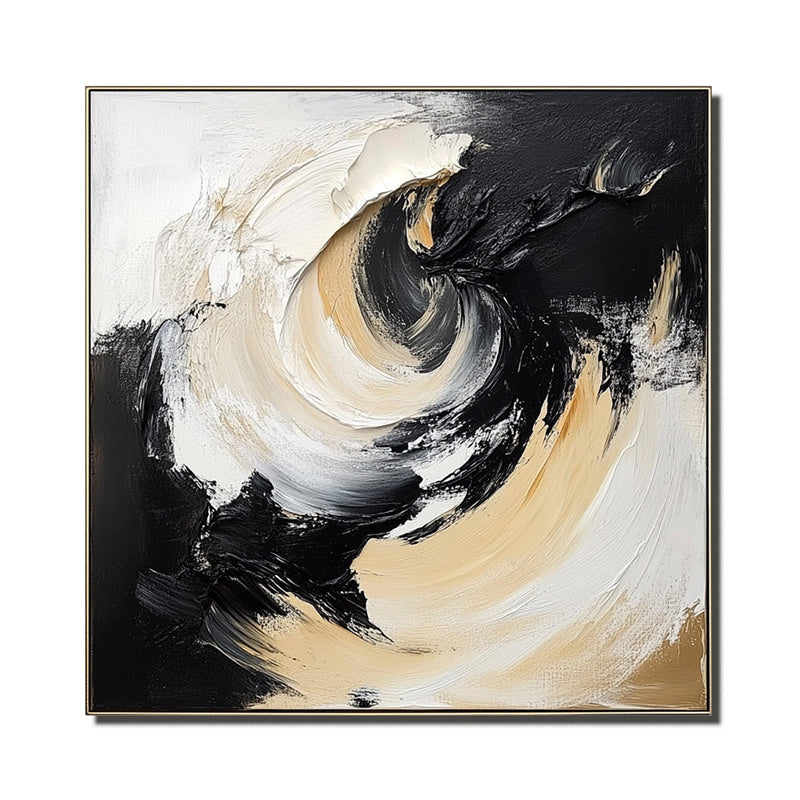 Black Gold White Abstract Swirl Wall Art - Framed 3D Textured Minimalist Decor
