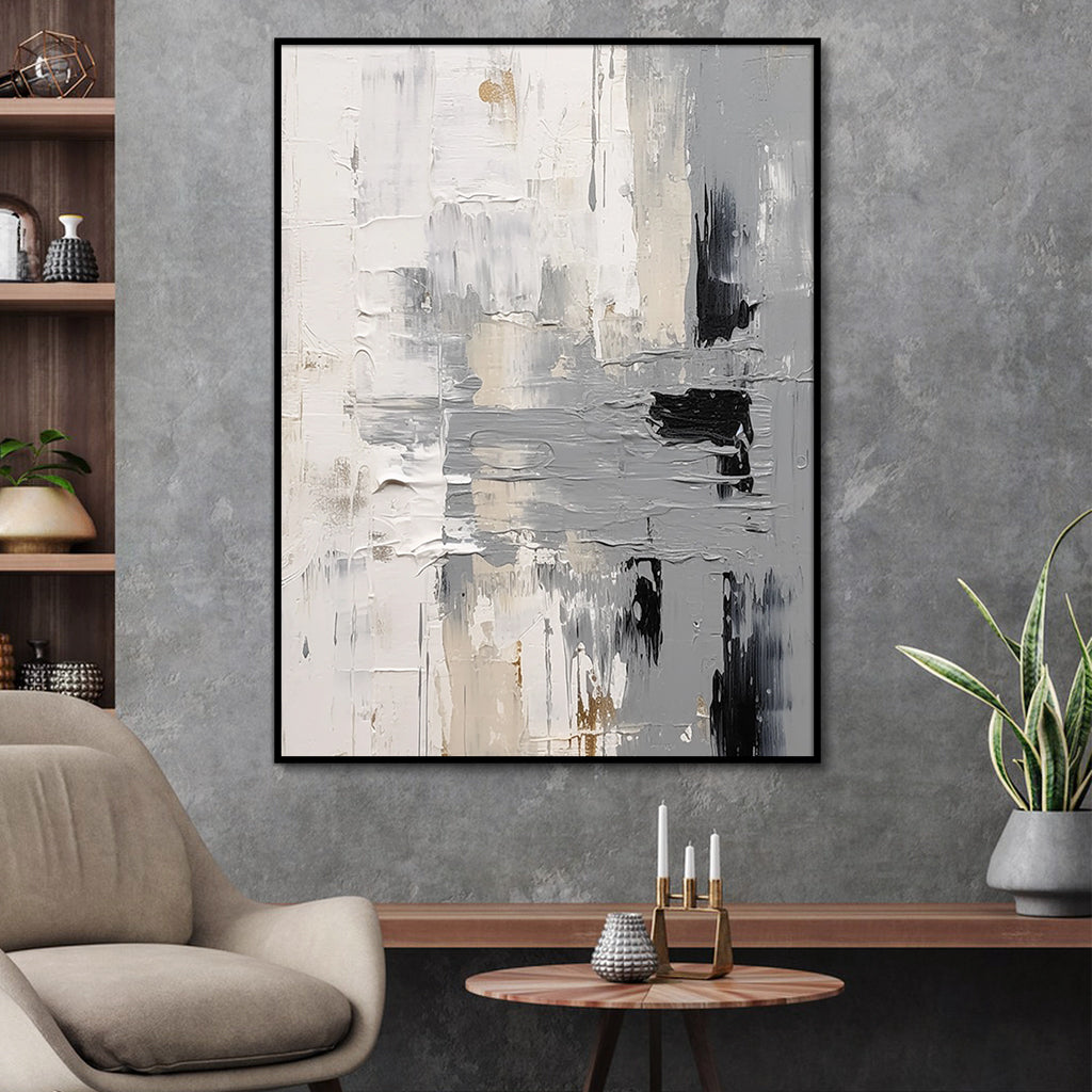 Black, White and Grey Textured Abstract Painting for Modern Decor