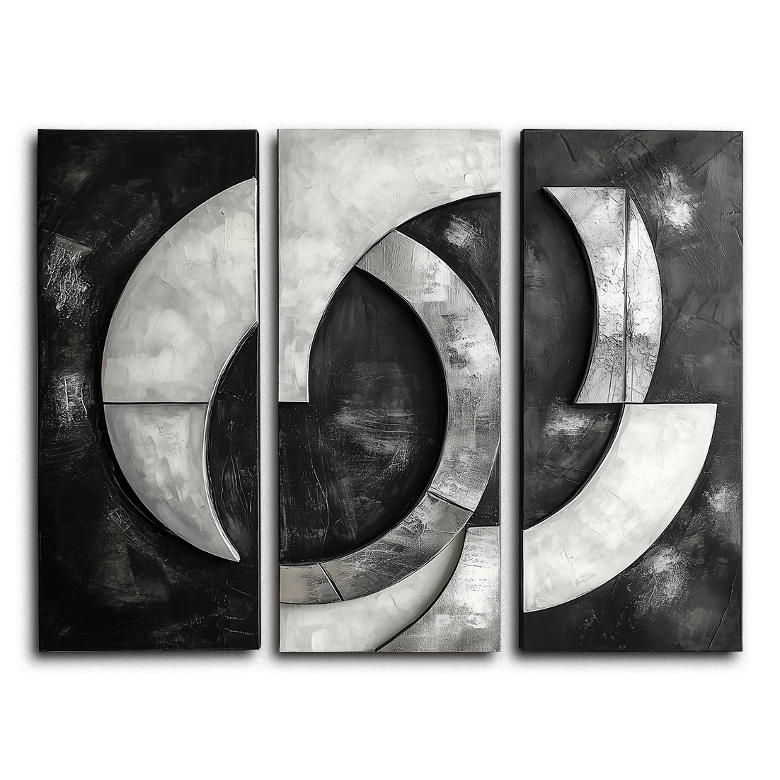 Black and White Geometric Abstract 3 - Panel Oil Painting - Modern Textured Wall Art for Home Decoration