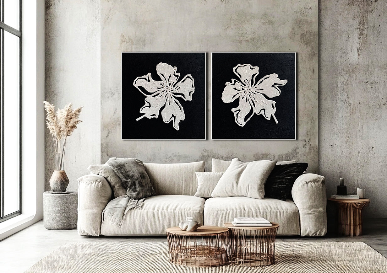 Black and White Minimalist Textured Floral Painting