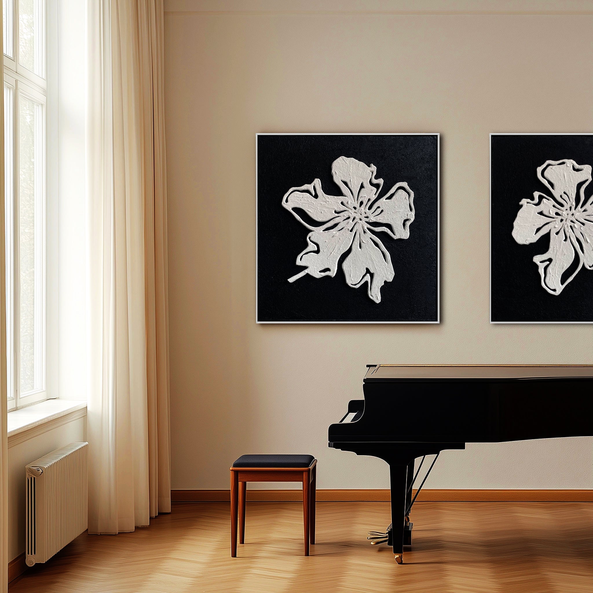 Black and White Minimalist Textured Floral Painting