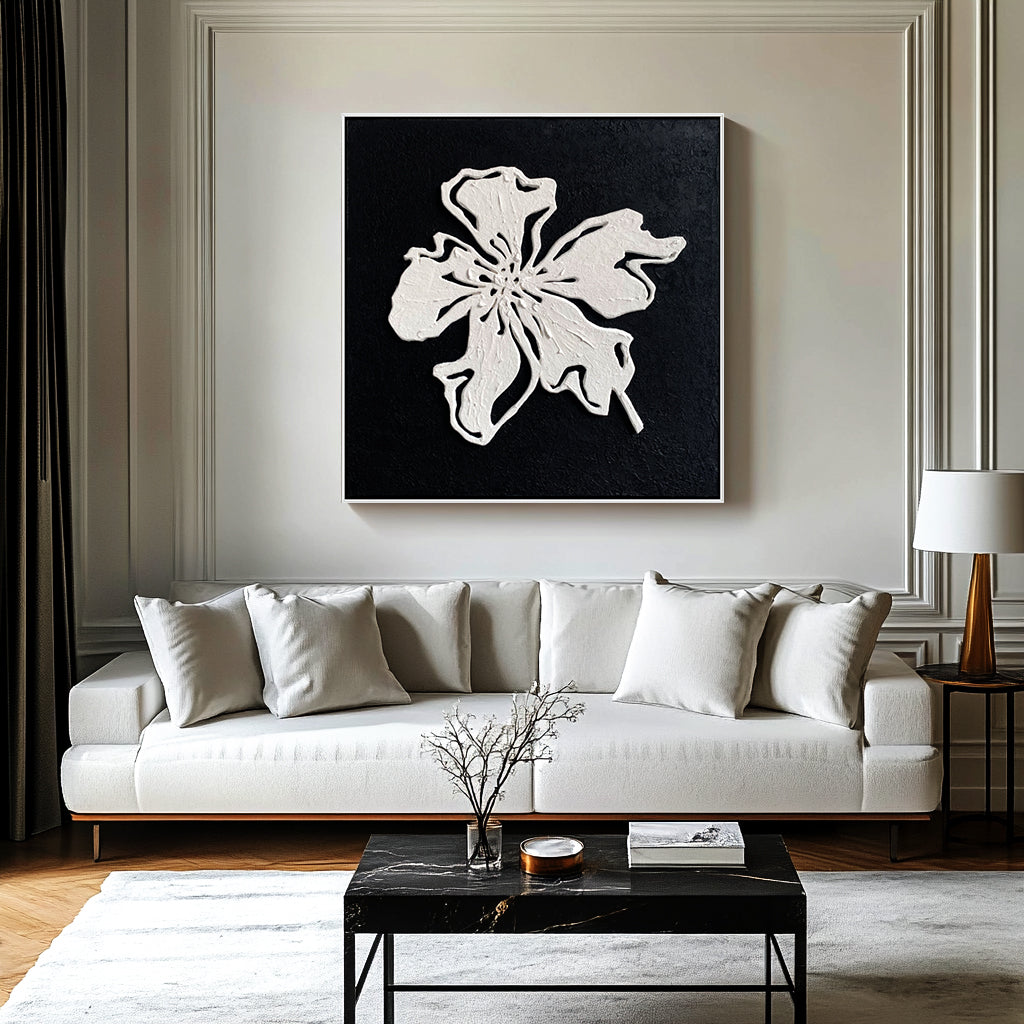 Black and White Minimalist Textured Floral Painting