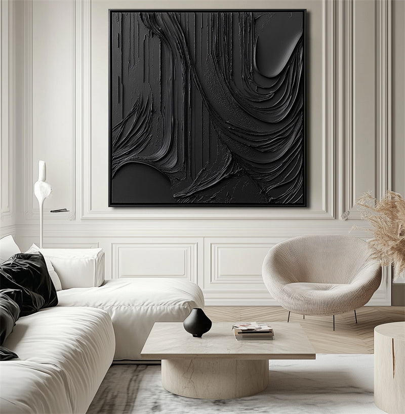 Bold Black Abstract Textured Oil Painting