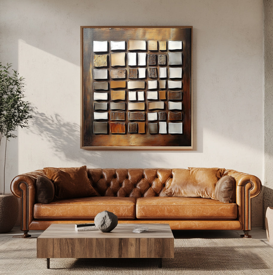 Brown Geometric Abstract Textured Painting for Modern Decor