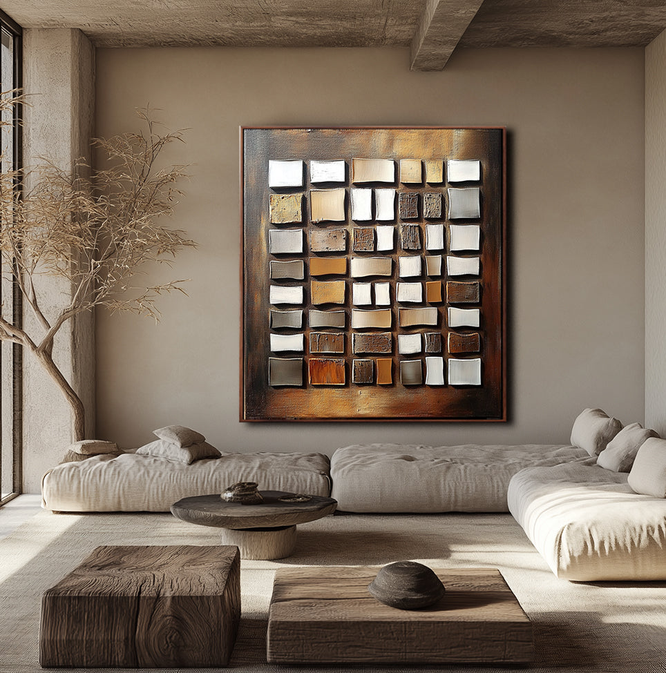 Brown Geometric Abstract Textured Painting for Modern Decor