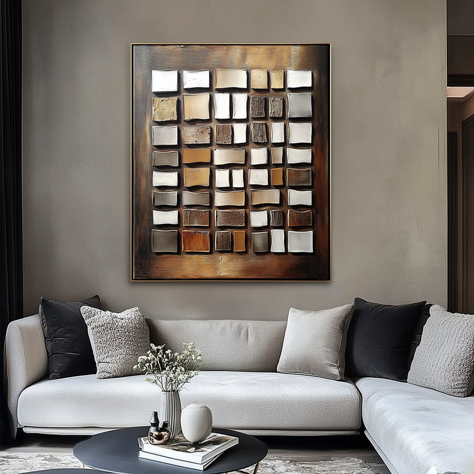 Brown Geometric Abstract Textured Painting for Modern Decor
