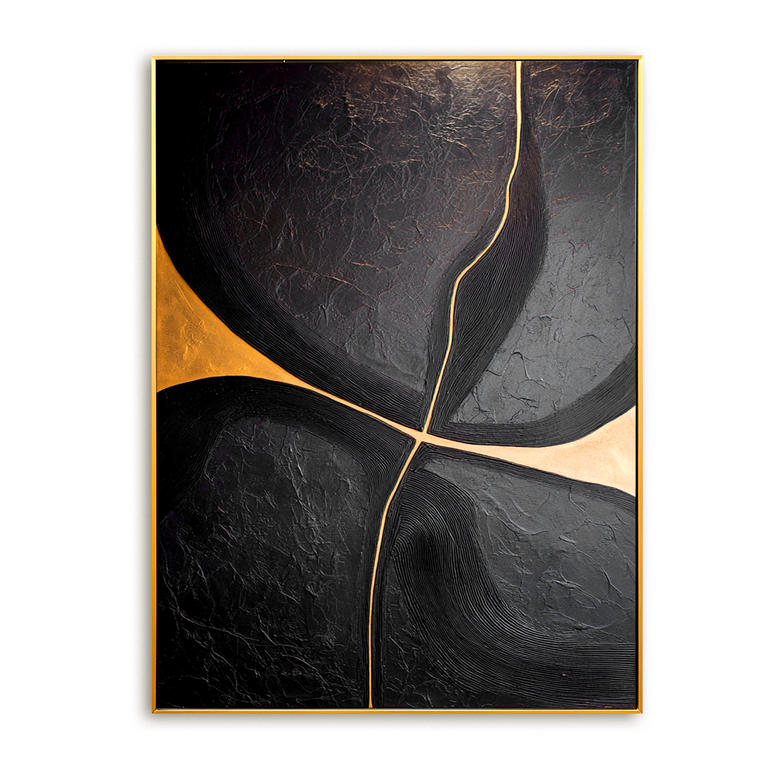 Black abstract minimalist painting with intersecting golden lines and textured surface