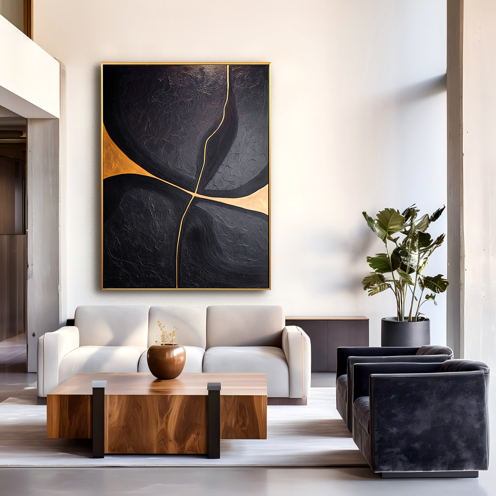 Black abstract minimalist painting with intersecting golden lines and textured surface