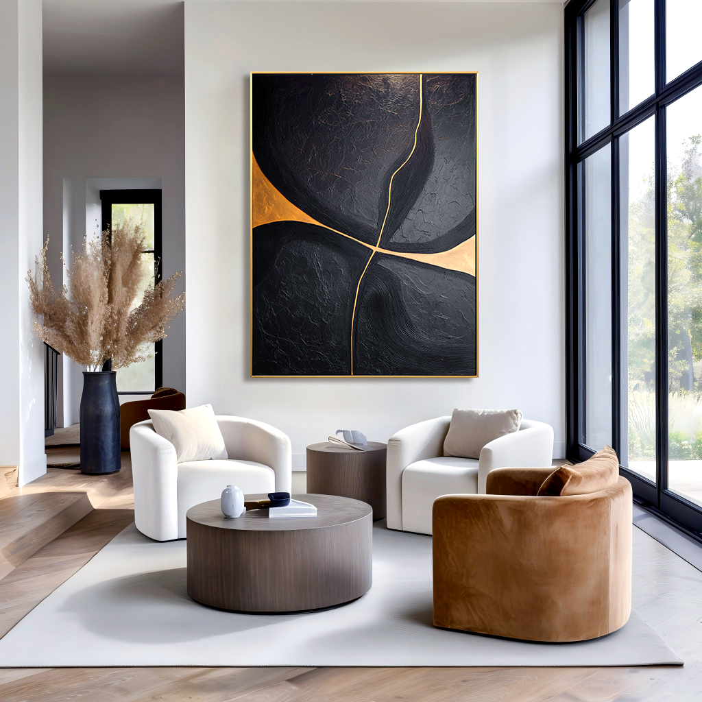 Black abstract minimalist painting with intersecting golden lines and textured surface