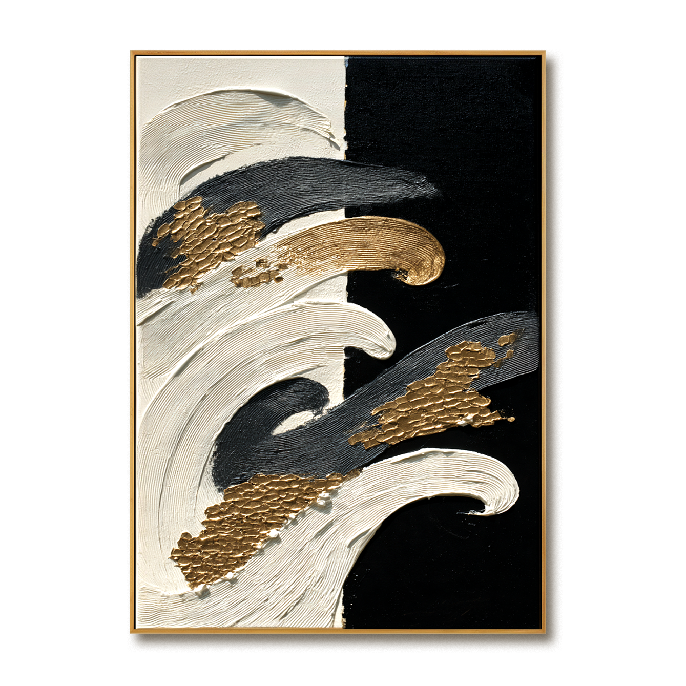 Black and white abstract textured painting with flowing gold accents