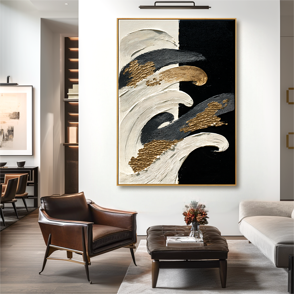 Black and white abstract textured painting with flowing gold accents