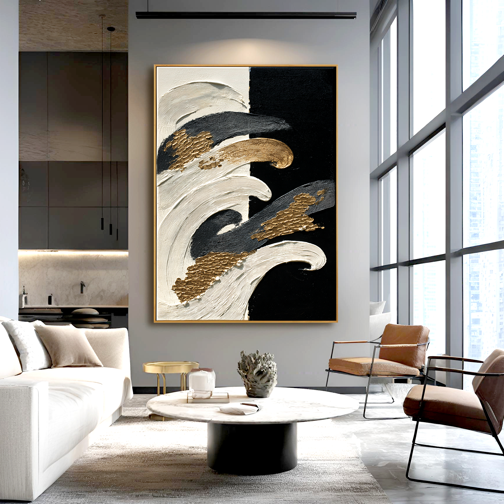 Black and white abstract textured painting with flowing gold accents