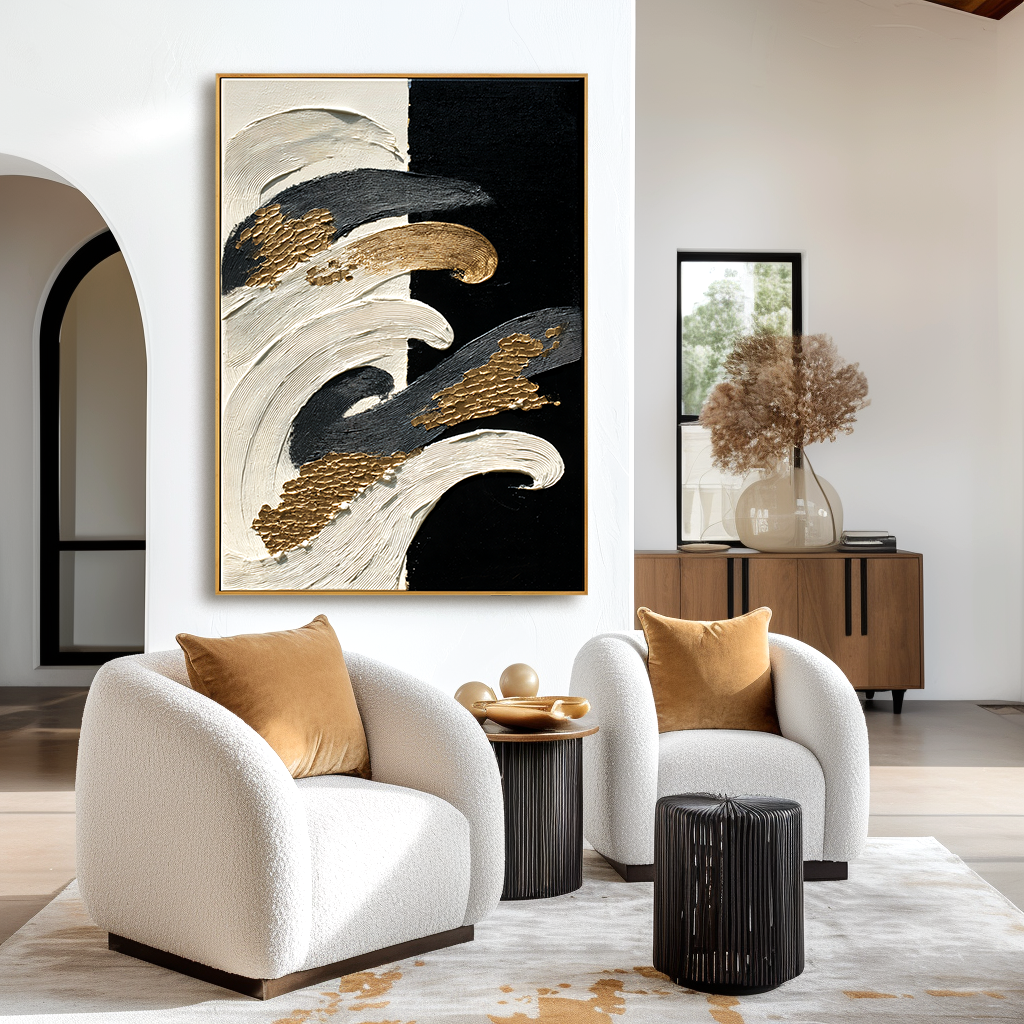 Black and white abstract textured painting with flowing gold accents