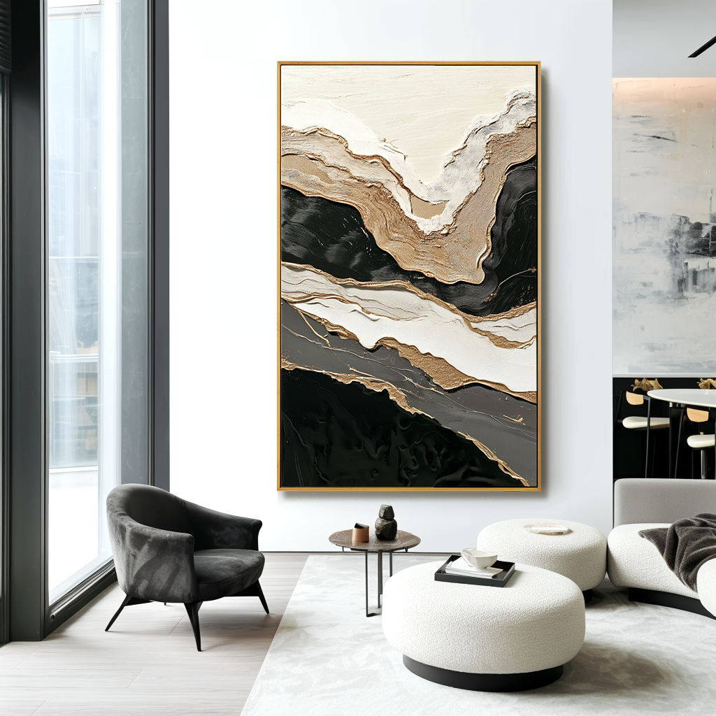 Black white abstract textured painting with layered gold accents
