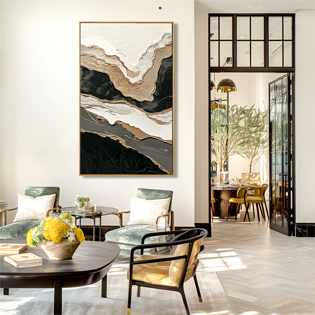 Black white abstract textured painting with layered gold accents