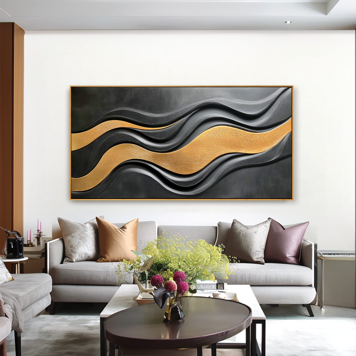 Black and gold abstract textured wall art with flowing horizontal wave lines
