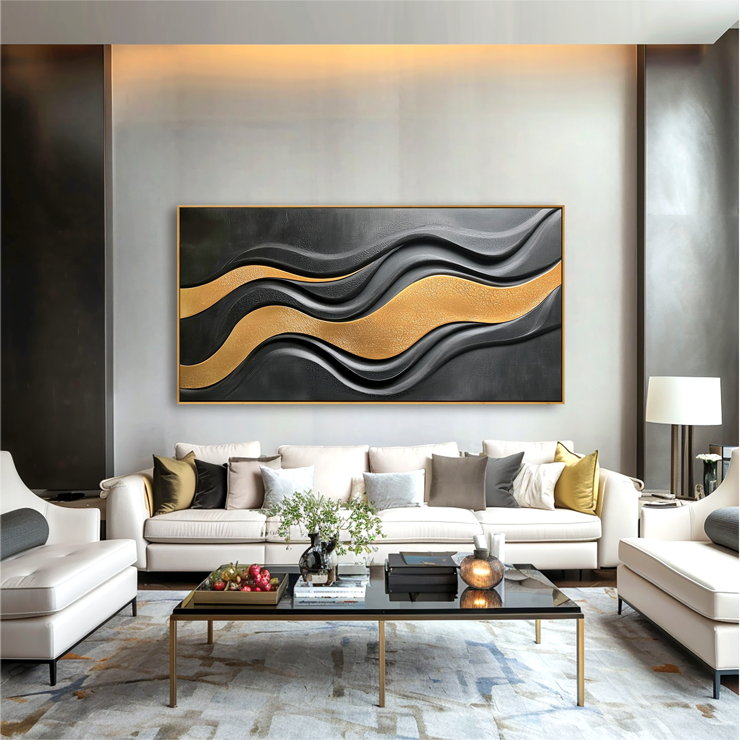 Black and gold abstract textured wall art with flowing horizontal wave lines