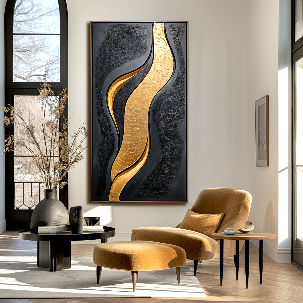 Black and gold abstract textured wall art with flowing horizontal wave design