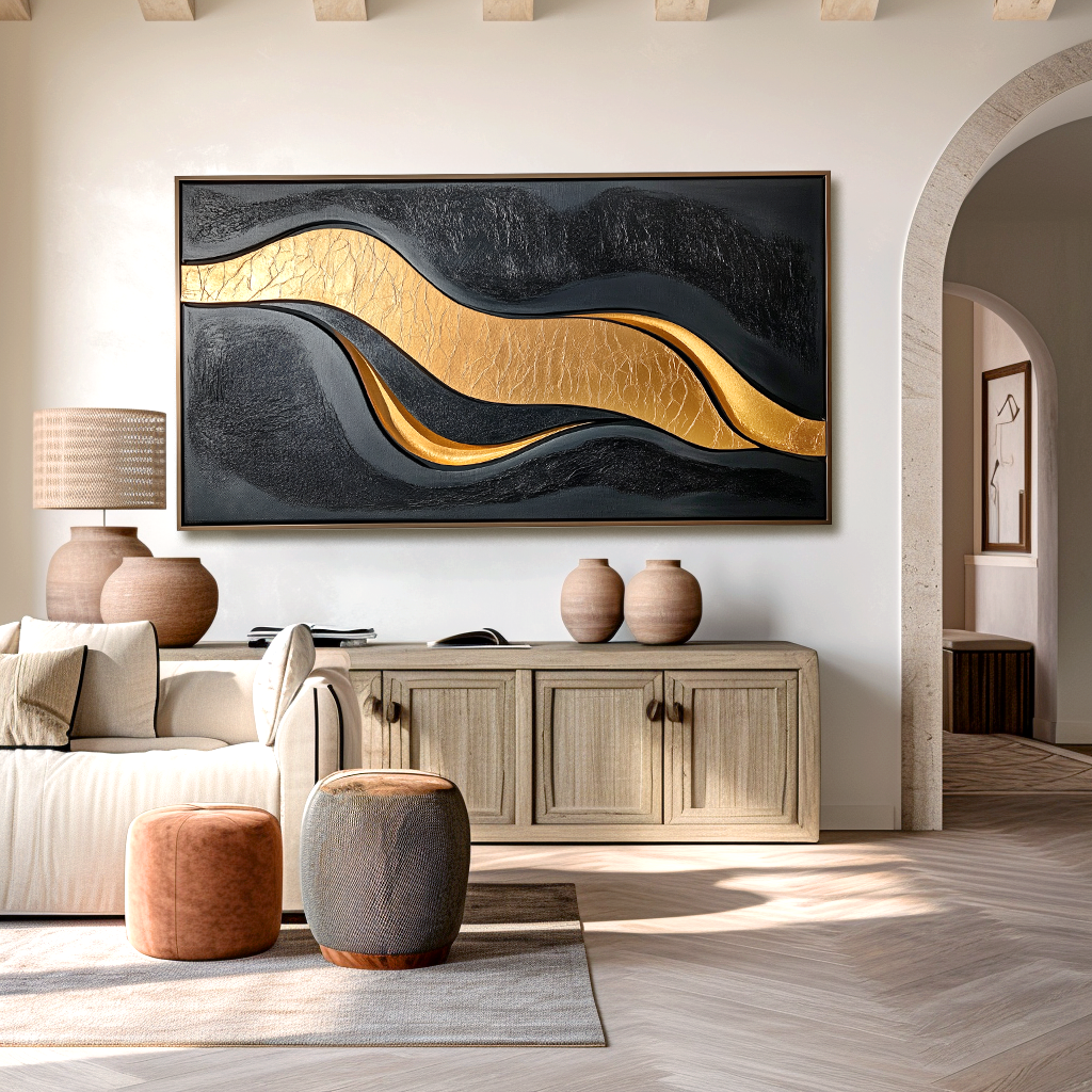 Black and gold abstract textured wall art with flowing horizontal wave design