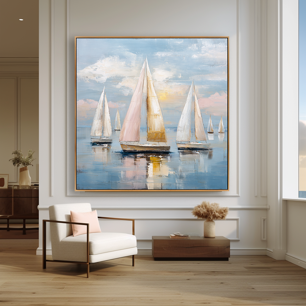 Blush Harbor - Hand-Painted Sailboat Oil Painting Acoustic Panel