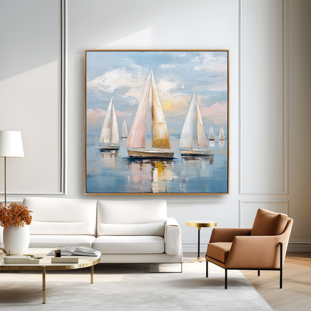 Blush Harbor - Hand-Painted Sailboat Oil Painting Acoustic Panel