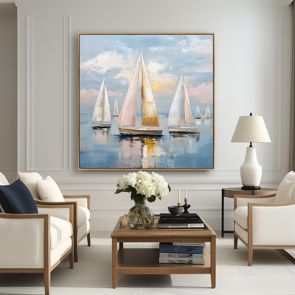Blush Harbor - Hand-Painted Sailboat Oil Painting Acoustic Panel