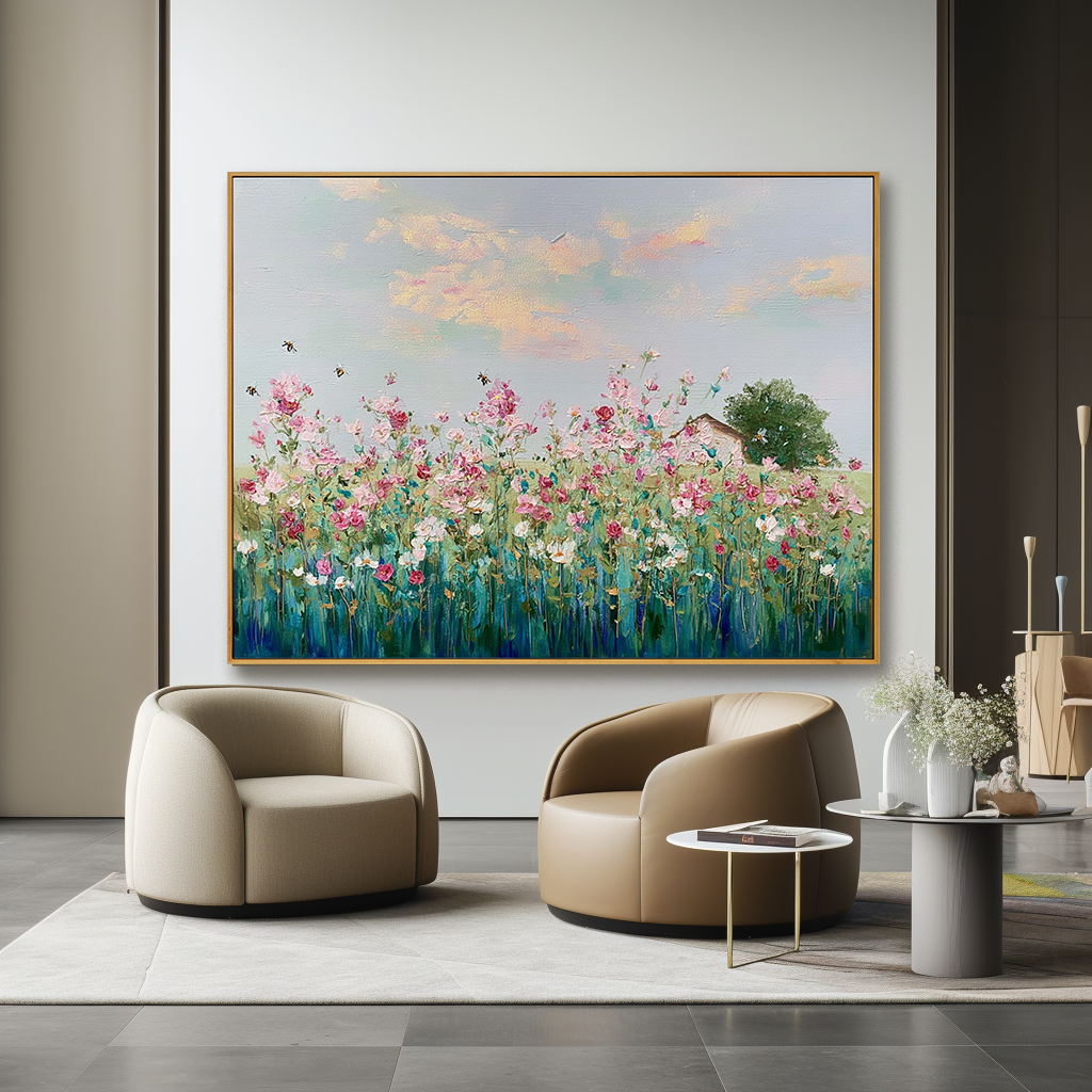 Floral Bliss – Hand-painted Textured Oil Painting, Vibrant Flower Garden with Bees