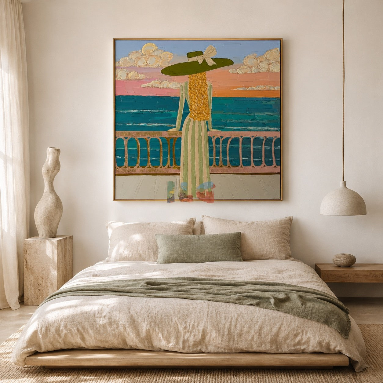 Seaside Balcony Reverie – Coastal Figure Wall Art