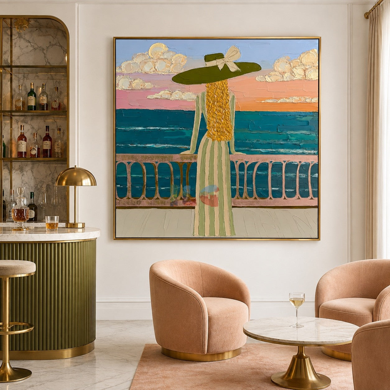 Seaside Balcony Reverie – Coastal Figure Wall Art