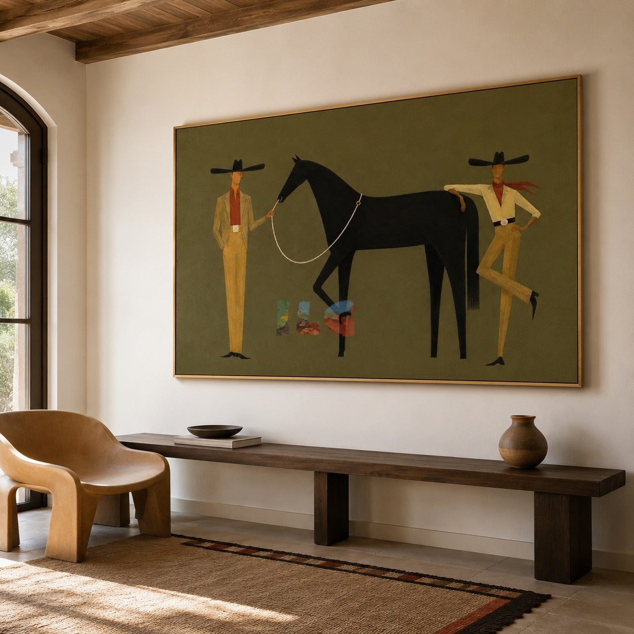 Olive Western Horse Scene – Contemporary Wall Art