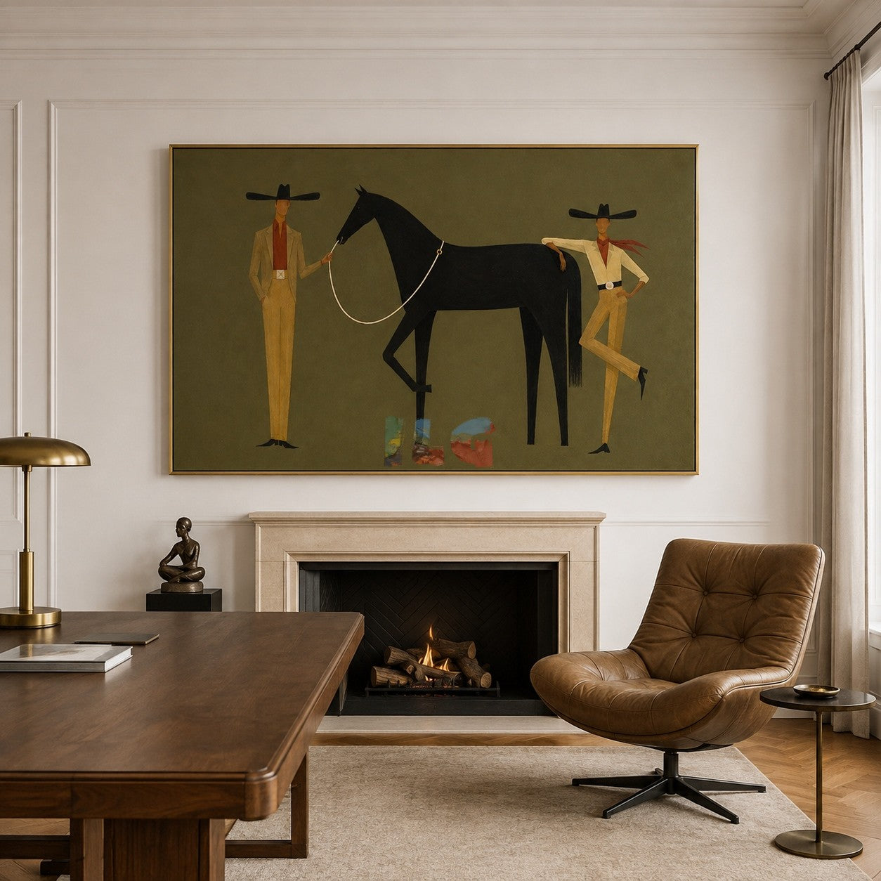 Olive Western Horse Scene – Contemporary Wall Art