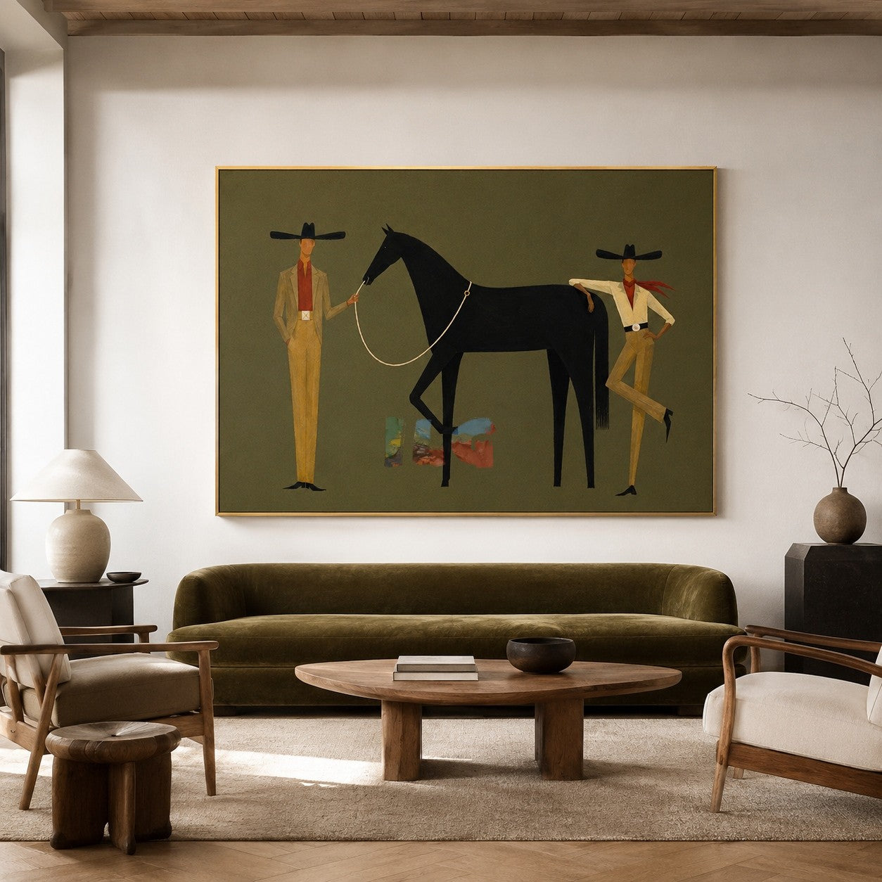 Olive Western Horse Scene – Contemporary Wall Art