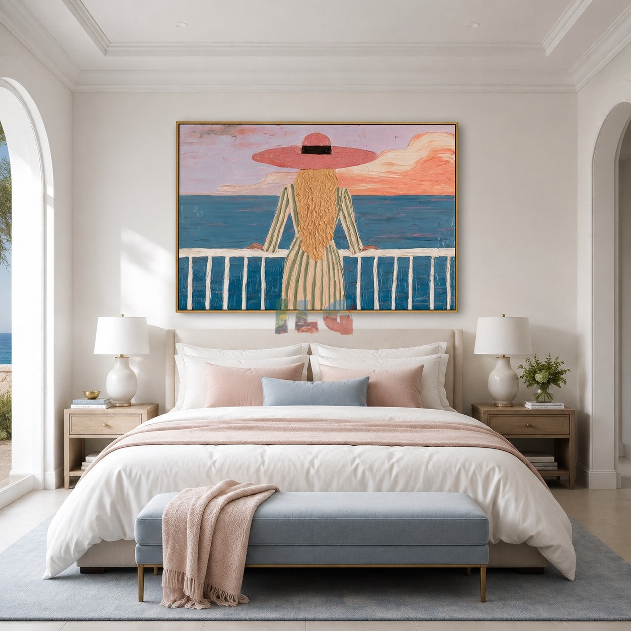 Pink Horizon Balcony – Coastal Figure Wall Art