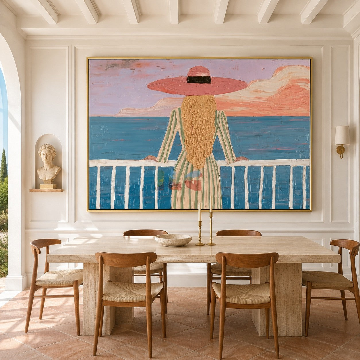 Pink Horizon Balcony – Coastal Figure Wall Art
