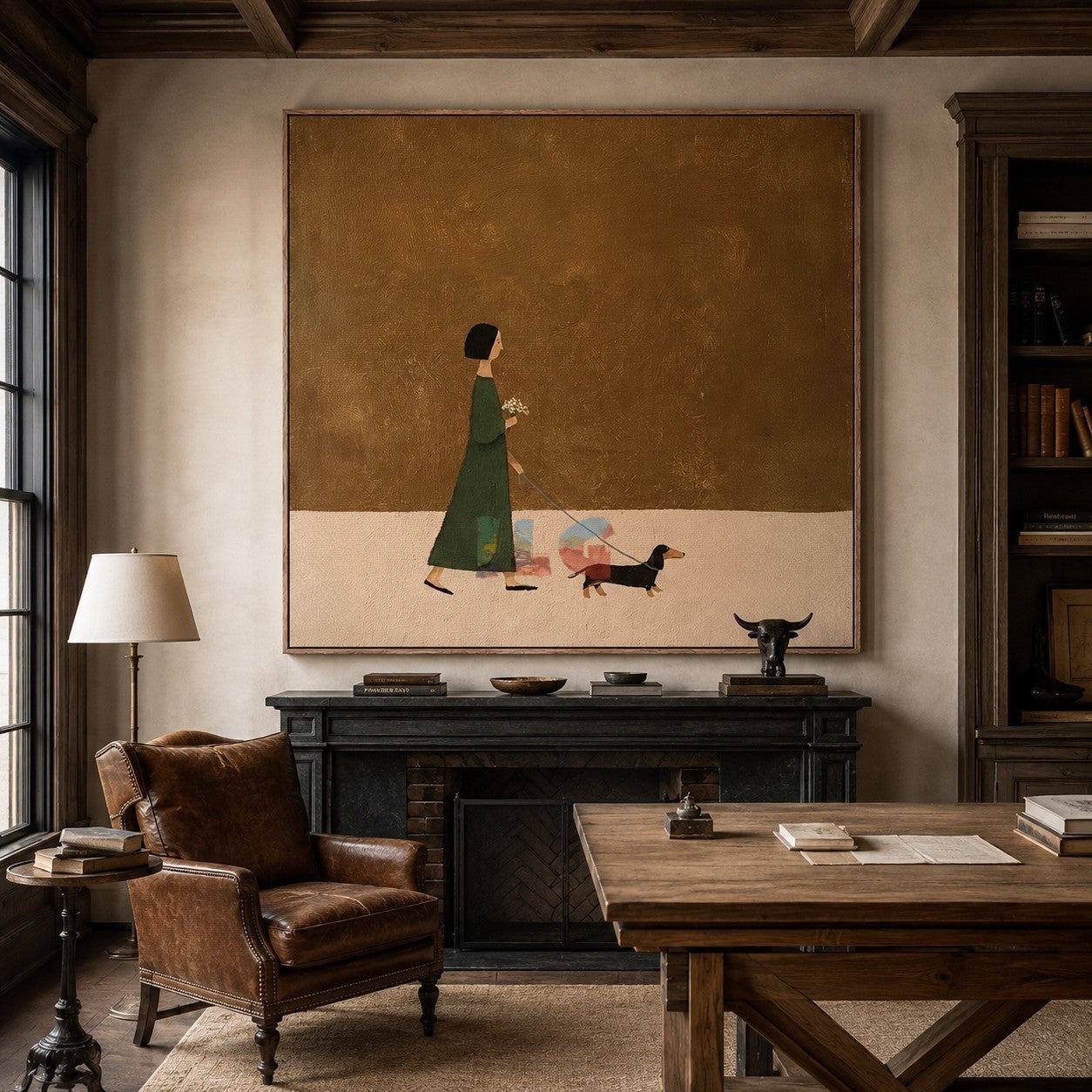 A Gentle Day Outside – Minimalist Figure and Dog Wall Art