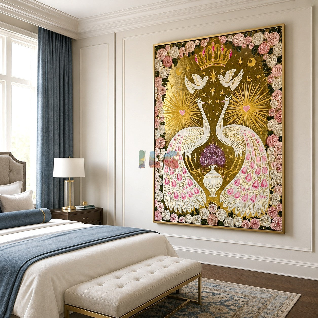 Crowned Peacock Romance – Ornate Floral Bird Wall Art